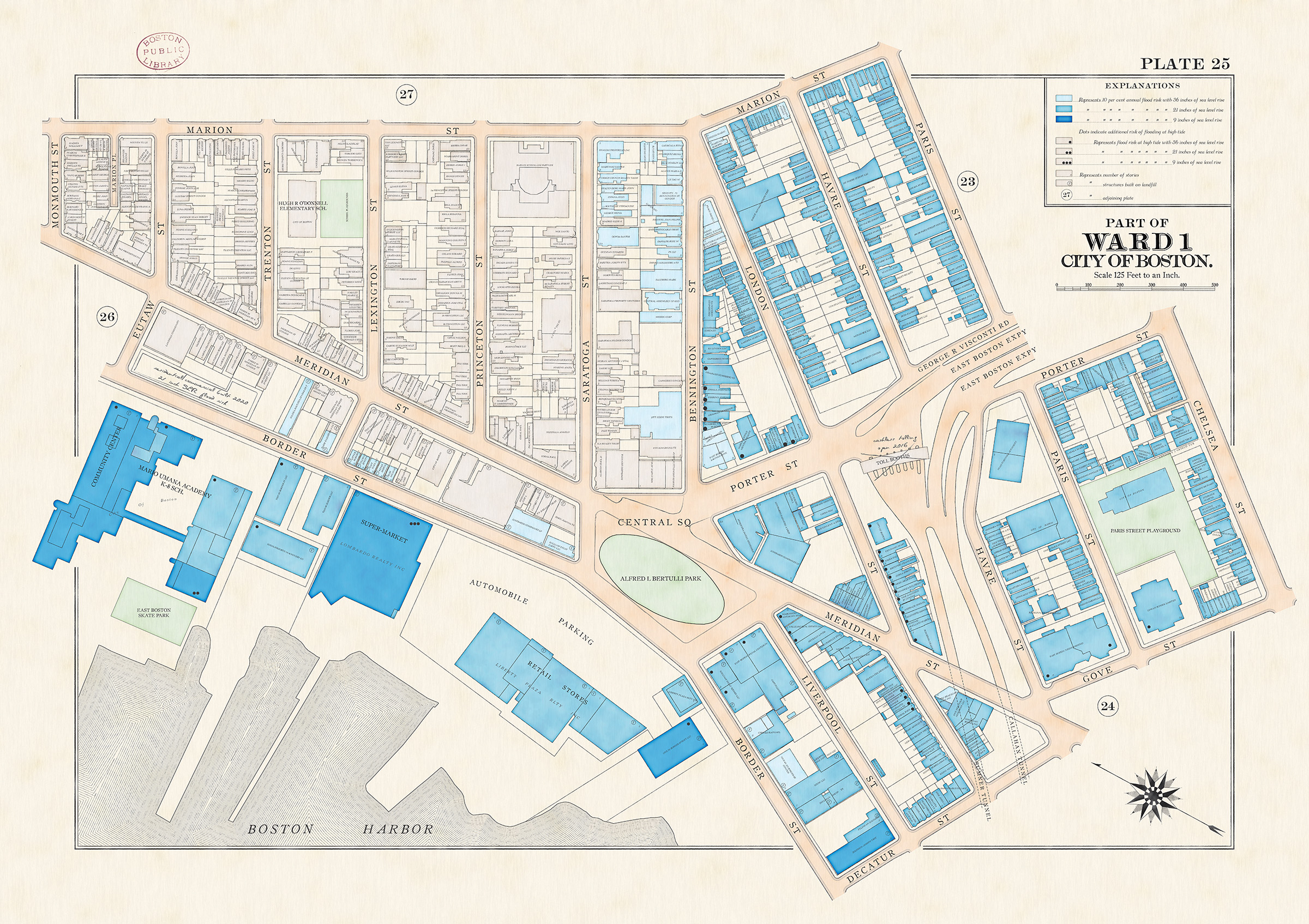 Map showing sea level rise flood risk in part of East Boston, in the style of a 19th or early 20th century urban atlas