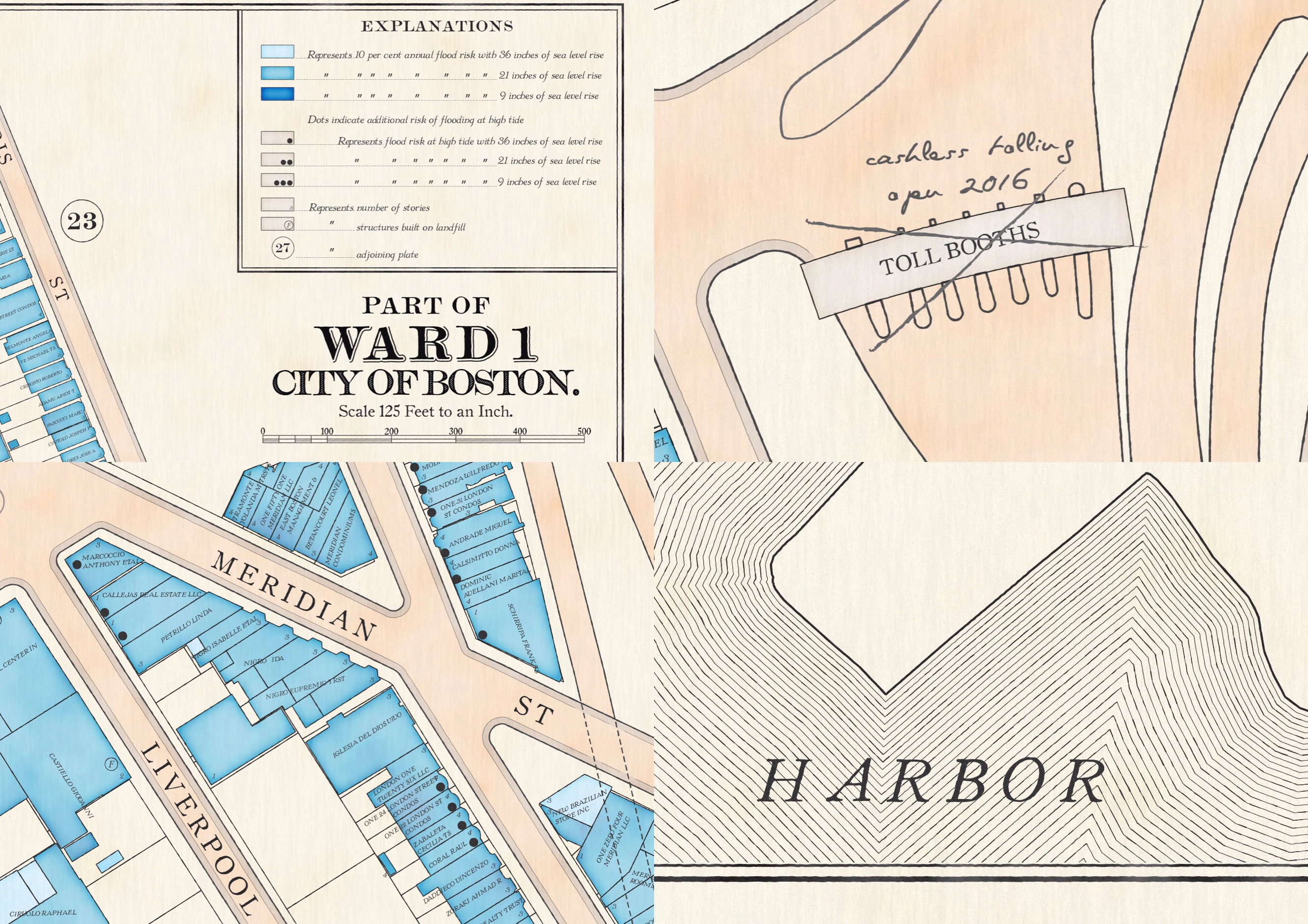 Details from flood risk map showing legend, handwritten corrections, streets and buildings, and water