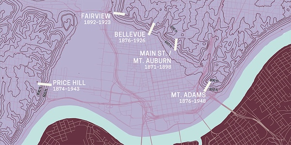 Map of former streetcar inclines in Cincinnati